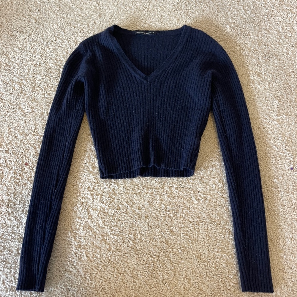 Brandy Melville V Neck Cropped Sweater in Navy